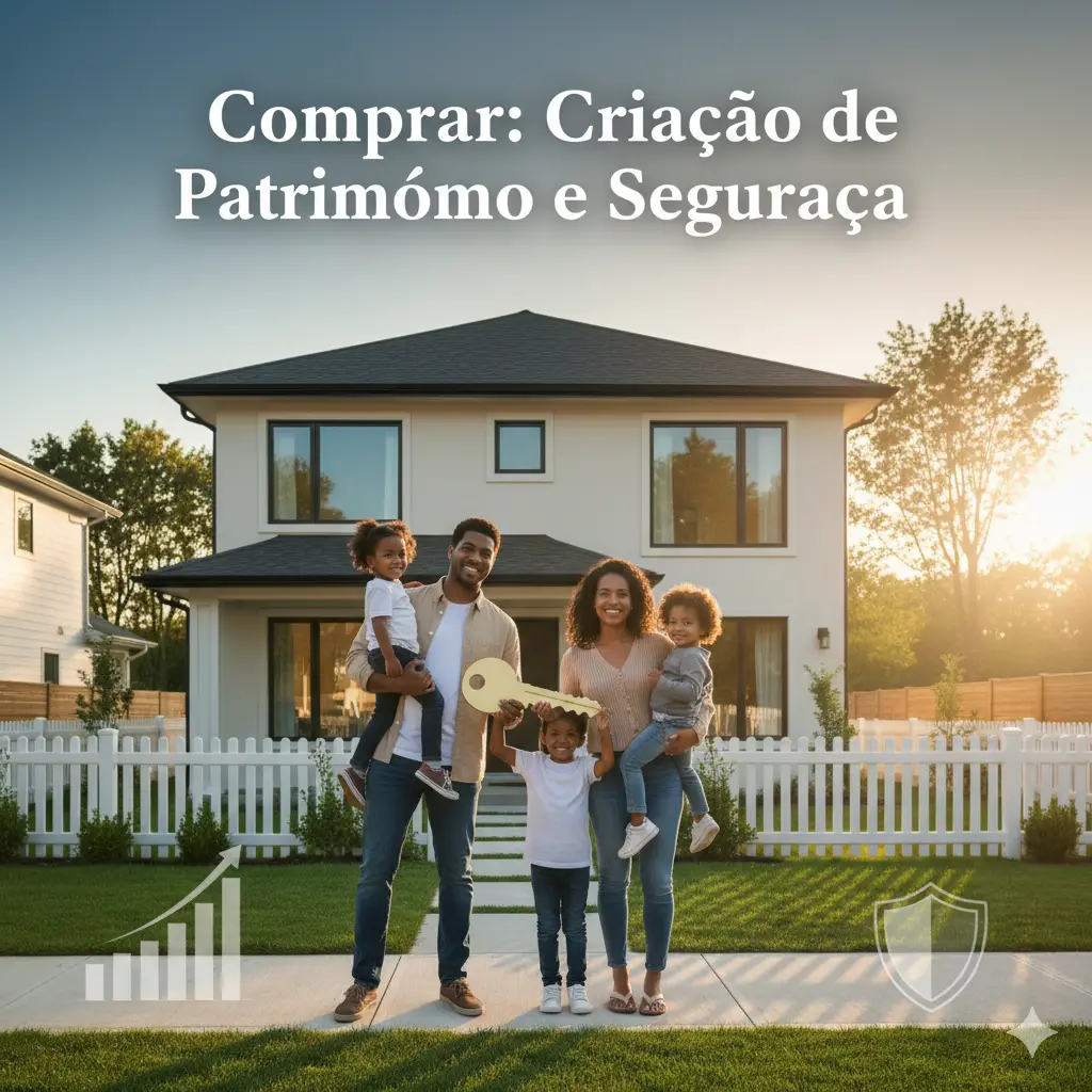 Família feliz em frente à casa.